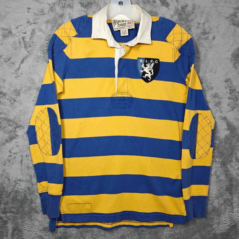 Rugby Ralph Lauren Polo Shirt Mens XS Blue Yellow Striped RLFC Elbow Patch